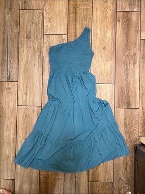 Smocked One-Shoulder Teal Tiered Midi Dress